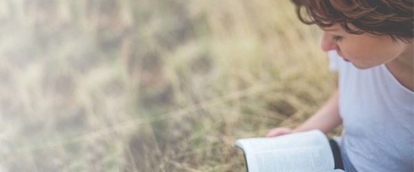 Woman reading bible in a field